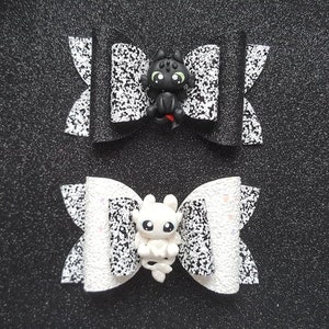 Dragon Bow...Toothless Bow...Light Fury Bow..Glitter Bow..5 inch bow...How to train your dragon inspired...black and white bow