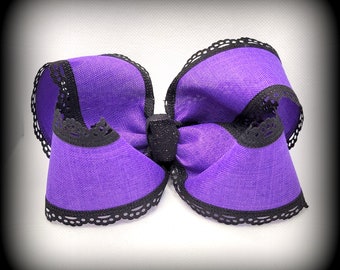Halloween Bow...Lace Edge Bow...Purple and Black Bow...Black and purple bow...Halloween Lace Bow...Hocus Pocus bows...Black lace bows