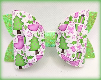 Christmas Bow...Pink and Green Christmas bow...Pink and Green Bow...Christmas Tree Bow...Christmas Stocking Bow..Glitter bow