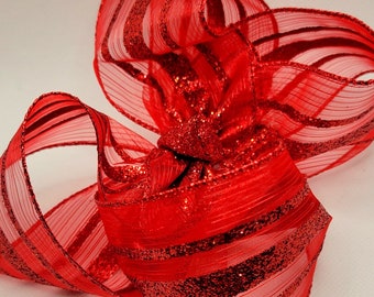 Red Glitter Bow....Red Organza Bow...Glitter Organza Bow...Organza Bow...Christmas Bow....Valentines Day Bow...Red Bow...Glitter Stripe Bow