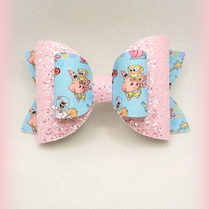 Pink Sponge Guy Bow.....Sponge Bob Inspired Bow.. Ocean Friends....Sponge Bobs..... Pink and Blue ocean Bow