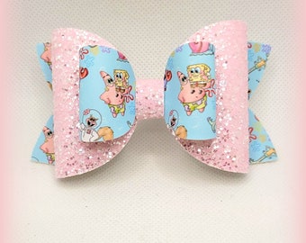 Pink Sponge Guy Bow.....Sponge Bob Inspired Bow.. Ocean Friends....Sponge Bobs..... Pink and Blue ocean Bow