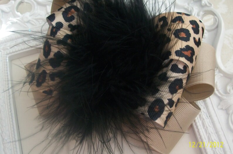 Cheetah Hair Bow....Cheetah and Tan with Black Maribou Puff...Girls Hair Bow...Toddler Hair Bow
