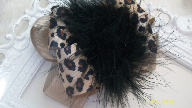 Cheetah Hair Bow....Cheetah and Tan with Black Maribou Puff...Girls Hair Bow...Toddler Hair Bow