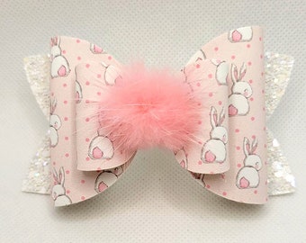 Bunny Bow...Easter Bow....Pink Bunny Bow...Glitter Bunny Bow... Pink and White Bow...Spring Bow...Bunny Bows