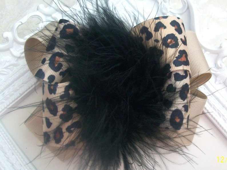 Cheetah Hair Bow....Cheetah and Tan with Black Maribou Puff...Girls Hair Bow...Toddler Hair Bow