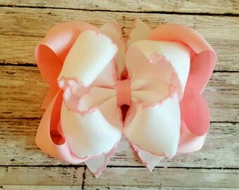 Pink and white bow...Pink bow...white bow...Spring Bow..Spring hair bow...Pastel Hair bow..crochet trim bow..Moonstitch Bow