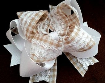 Tan and White Gingham....Tan Gingham Bow...Tan and white bow....Gingham hair bow...Gingham and lace bow...Gingham Hair Bow..Spring Hair Bow