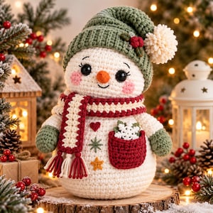 May include: A crocheted snowman toy featuring a white body, a green hat with a cream pom-pom, and a red and cream striped scarf. The snowman has a small red pocket containing a white snowflake, embroidered heart, star, and green accents.