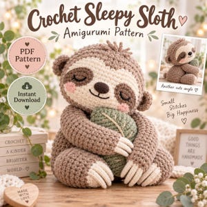 Puede incluir: Un juguete amigurumi de perezoso tejido a ganchillo en hilo marrón claro y oscuro, con ojos cerrados, mejillas rosadas y nariz marrón oscuro. El perezoso sostiene una hoja verde texturizada. El texto incluye "Crochet Sleepy Sloth Amigurumi Pattern".