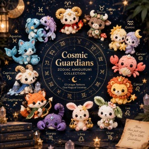 May include: A collection of twelve crocheted amigurumi figures representing zodiac signs, arranged around a central circular chart titled Cosmic Guardians Zodiac Amigurumi Collection. The figures include animals like a ram, bull, crab, lion, and scorpion, each with distinct colors and accessories.