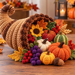 May include: A crocheted cornucopia overflowing with autumn-themed items including a yellow sunflower, red berries, purple grapes, a brown acorn, and several pumpkins in shades of orange, yellow, white, and green, accented with various colorful leaves.