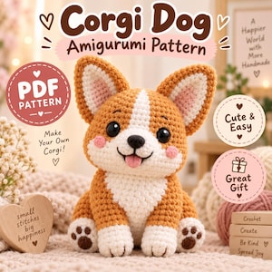 Puede incluir: Un perro Corgi amigurumi de ganchillo en hilo marrón y blanco, con ojos negros y mejillas rosadas. El texto dice Corgi Dog Amigurumi Pattern, PDF Pattern, Make Your Own Corgi, Cute & Easy, Great Gift, small stitches big happiness, Crochet, Create, Be Kind, Spread Joy.