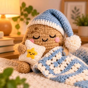Puede incluir: Un juguete de peluche tejido a ganchillo de color canela con forma de galleta, cara sonriente, mejillas rosadas y ojos cerrados. Lleva un gorro de dormir a rayas azules y blancas con un pompón, sostiene una almohada cuadrada blanca con una estrella.
