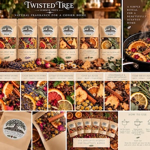 May include: Six kraft paper pouches of Twisted Tree simmer pots featuring dried fruit, spices, and botanicals. Labels include Home Sweet Home, Calm The Fuck Down, Lucky Little Bastard, Cosy As Fuck, Gingerbread & Good Intentions, and Clear The Fucking Air.