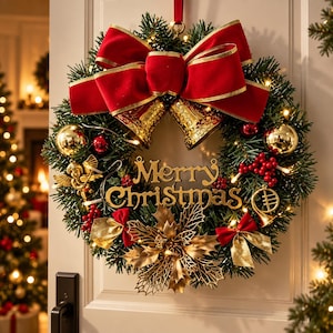 Pode incluir: Uma guirlanda circular artificial de pinheiro com um grande laço de veludo vermelho no topo, dois sinos dourados e o texto Merry Christmas em letras douradas. A guirlanda é decorada com ornamentos dourados, bagas vermelhas, um anjo e uma poinsétia.
