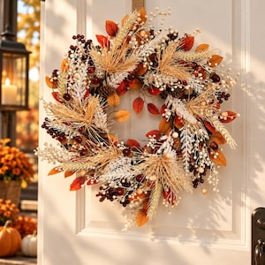 Autumn Wreath, Fall Door Wreath with Berries Pinecones and Rustic Leaves