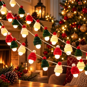 クリスマスストリングライト、ミニニット帽型LEDガーランド（温白色光）