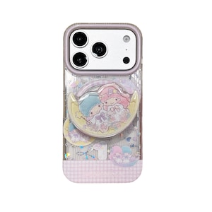 May include: A clear smartphone case featuring a circular pop-out grip decorated with two cartoon characters sitting on a yellow crescent moon. The case has a light purple checkered pattern at the bottom and holographic star accents.