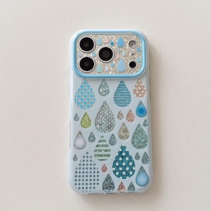 Glitter Foil Blue Dot Phone Case Cover for iPhone 18 17 16 15 Pro Max Light Blue Camera Frame Beaded Charm Strap, collage, matte