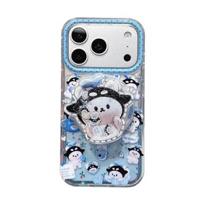 May include: A clear phone case with a blue polka-dot border and a large, central 3D character attachment. The case features scattered blue and white character stickers, star-shaped glitter, and small text elements including "So cute!" and "To do list."
