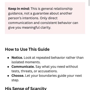 Peut inclure: Un document num&eacute;rique avec du texte noir sur fond blanc. Le texte comprend le titre 'Keep in mind:' suivi de conseils relationnels, et une section intitul&eacute;e 'How to Use This Guide' avec des puces pour Notice, Communicate et Choose.