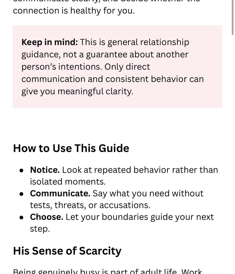 Peut inclure: Un document num&eacute;rique avec du texte noir sur fond blanc. Le texte comprend le titre 'Keep in mind:' suivi de conseils relationnels, et une section intitul&eacute;e 'How to Use This Guide' avec des puces pour Notice, Communicate et Choose.