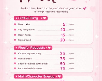 Menu des pourboires des camgirls