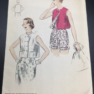 May include: A vintage Vogue sewing pattern with a black and white illustration of two women wearing sleeveless tops and skirts. The pattern is labeled "Vogue Pattern" and includes the copyright information "Copyright 1953, The Condé Nast Publications Inc."