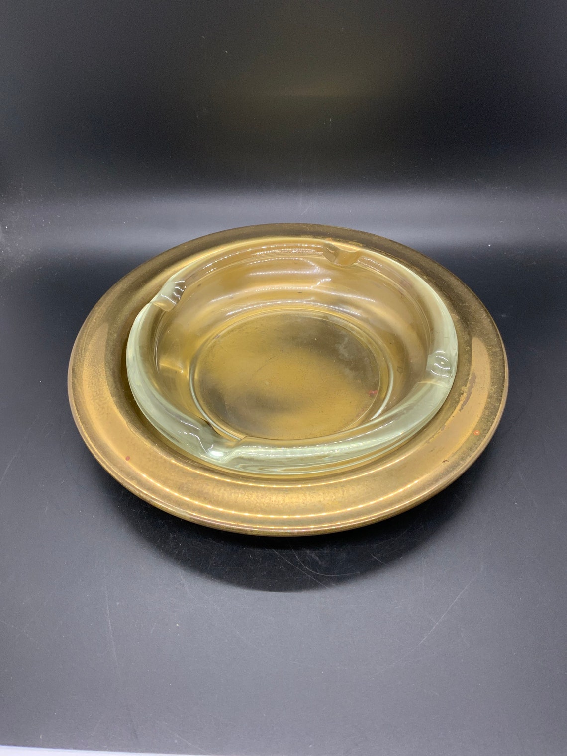 Vintage Metal Ashtray With Glass Insert Etsy