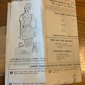 May include: A vintage sewing pattern for a simple apron, with a black and white illustration of a woman wearing the apron. The pattern is called "Sew-Simple" and the pattern number is 8222. The pattern is for sizes small, medium, and large. The pattern includes instructions for sewing the apron, as well as a list of materials needed.