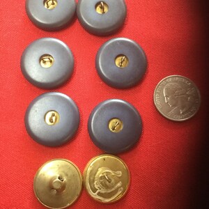 May include: Eight blue plastic buttons with gold metal shanks and two gold metal buttons with a decorative design.