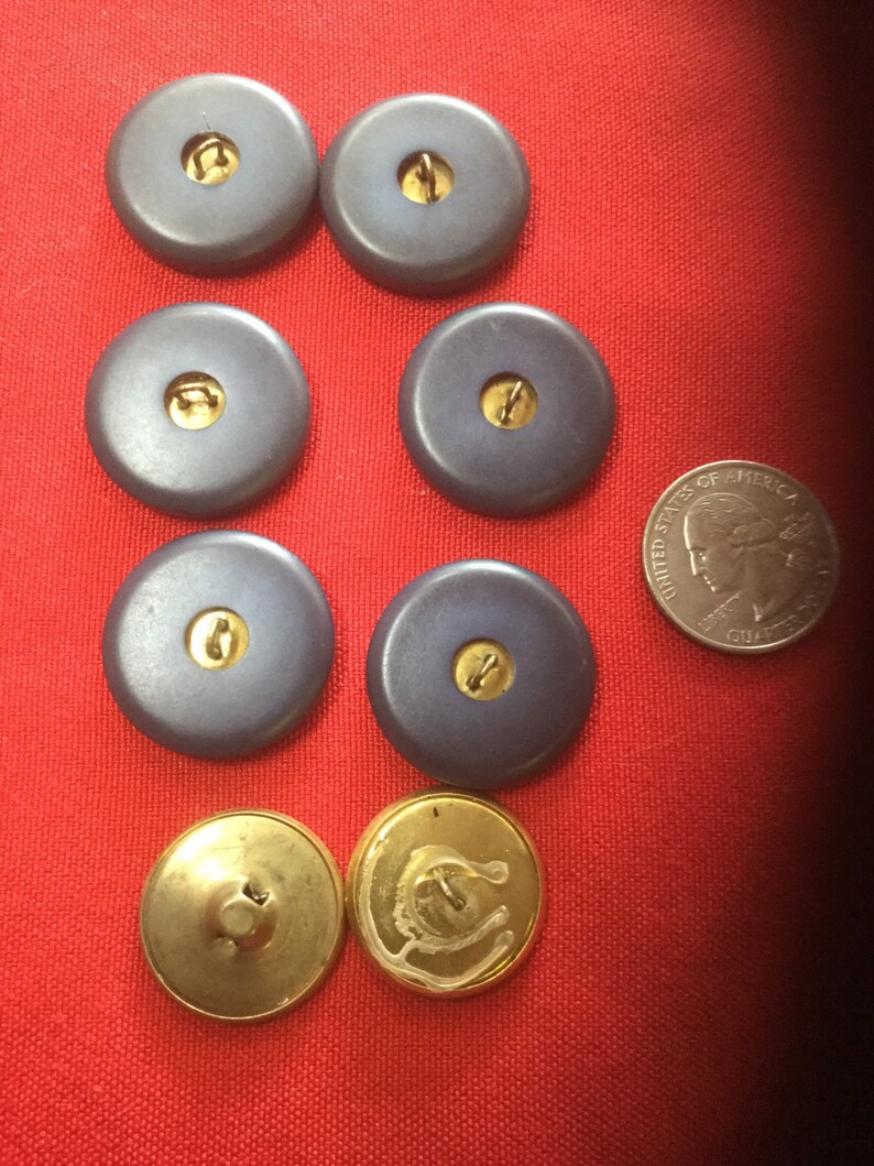 May include: Eight blue plastic buttons with gold metal shanks and two gold metal buttons with a decorative design.