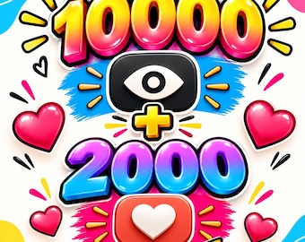 Può includere: Un'illustrazione grafica che presenta il numero 10000 in un gradiente dal giallo al rosa, un'icona a forma di occhio nero, un segno più giallo, il numero 2000 in un gradiente dal blu al viola e un'icona a forma di cuore rosso, circondata da cuori rosa.