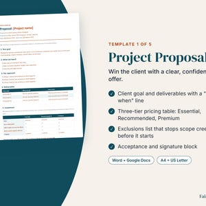 May include: A digital project proposal template document featuring sections for goals, approach, deliverables, and a three-tier investment table. The text includes 'Template 1 of 5', 'Project Proposal', and 'Win the client with a clear, confident offer' with checkmarks.