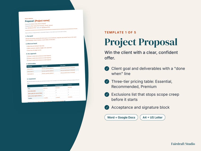 May include: A digital project proposal template document featuring sections for goals, approach, deliverables, and a three-tier investment table. The text includes 'Template 1 of 5', 'Project Proposal', and 'Win the client with a clear, confident offer' with checkmarks.