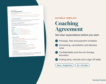 Coaching Agreement Template | Editable Coaching Contract with Cancellation Policy, Fees and Confidentiality (Digital Download)