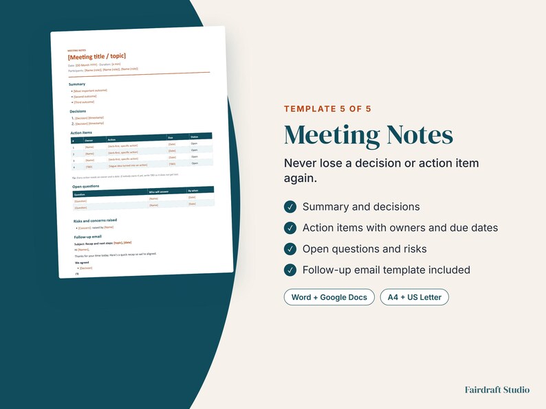 May include: A digital meeting notes template document featuring sections for summary, decisions, action items, open questions, risks, and follow-up emails. The text includes Template 5 of 5, Meeting Notes, and compatibility labels for Word, Google Docs, A4, and US Letter.