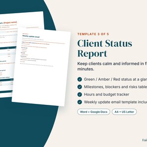 May include: A digital template for a Client Status Report featuring two document pages with tables for milestones, blockers, and risks. The text includes Template 3 of 5, Client Status Report, and features for Word, Google Docs, A4, and US Letter sizes.