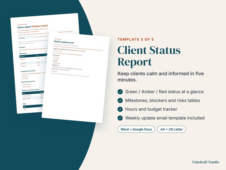 May include: A digital template for a Client Status Report featuring two document pages with tables for milestones, blockers, and risks. The text includes Template 3 of 5, Client Status Report, and features for Word, Google Docs, A4, and US Letter sizes.