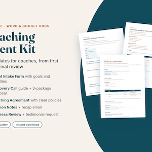 May include: A Coaching Client Kit digital template set for Word and Google Docs, featuring five documents including a client intake form, discovery call guide, coaching agreement, session notes, and progress review, available in A4 and US Letter sizes.