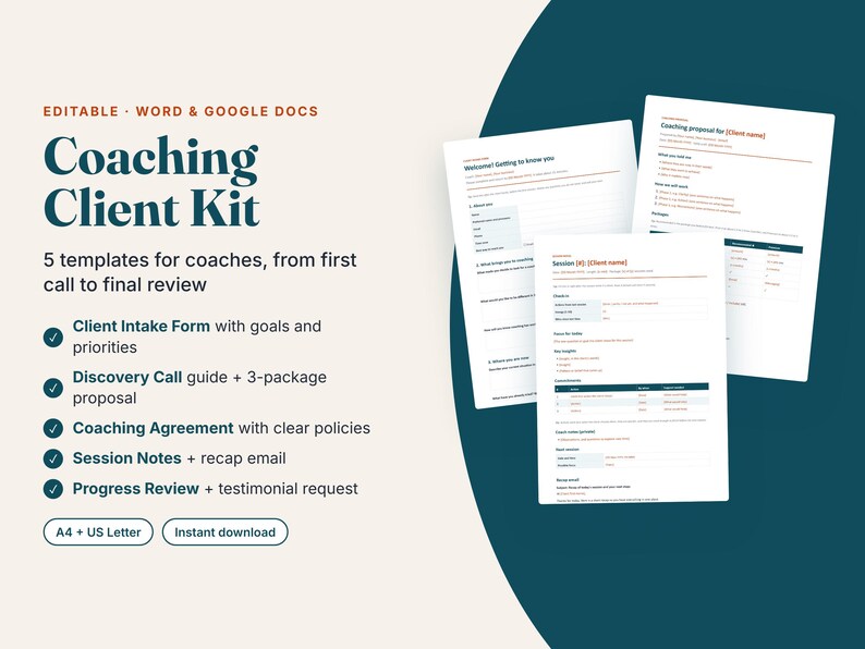 May include: A Coaching Client Kit digital template set for Word and Google Docs, featuring five documents including a client intake form, discovery call guide, coaching agreement, session notes, and progress review, available in A4 and US Letter sizes.