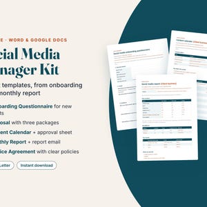 Sjablonen voor social media managers | Klant onboarding, voorstel, contentkalender, maandelijks rapport, contract (digitale download) afbeelding 1