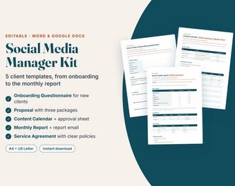 Modèles pour gestionnaires de médias sociaux | Intégration client, proposition, calendrier de contenu, rapport mensuel, contrat (téléchargement numérique)