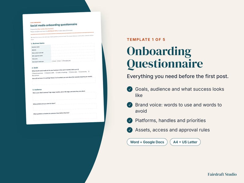 Sjablonen voor social media managers | Klant onboarding, voorstel, contentkalender, maandelijks rapport, contract (digitale download) afbeelding 3
