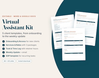 Virtual Assistant Templates | Client Onboarding, Rates Proposal, Time Log, Weekly Update, SOP (Digital Download)
