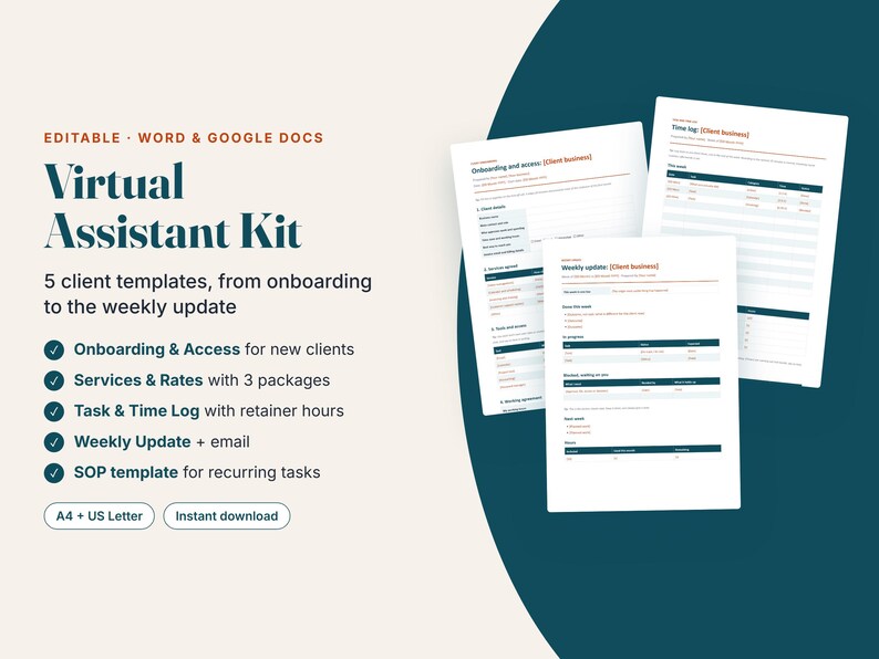 Modèles pour assistant virtuel | Intégration client, proposition tarifaire, suivi du temps, mise à jour hebdomadaire, procédure opérationnelle standard (téléchargement numérique) image 1