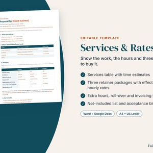 Może przedstawiać: Edytowalny szablon propozycji biznesowej zatytułowany Services & Rates, zawierający układ dokumentu z tabelami usług, szacunkami czasu i trzema pakietami ryczałtowymi. Tekst zawiera sekcje dotyczące firmy klienta, pakietów i wykluczeń, dostępne w formatach Word i Google Docs dla rozmiarów A4 i US Letter.