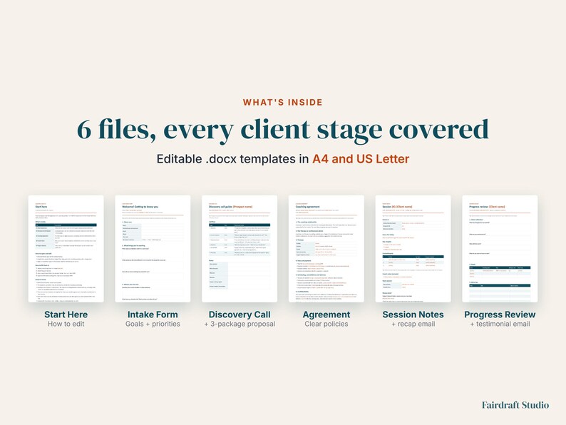 May include: A set of six editable .docx document templates for client management, including Start Here, Intake Form, Discovery Call, Agreement, Session Notes, and Progress Review. The text states 6 files, every client stage covered, and editable .docx templates in A4 and US Letter.