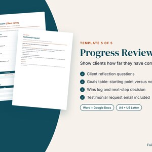 May include: A digital progress review template document featuring client reflection questions, a goals table, a wins log, and a testimonial request. The text includes Template 5 of 5, Progress Review, and Show clients how far they have come.
